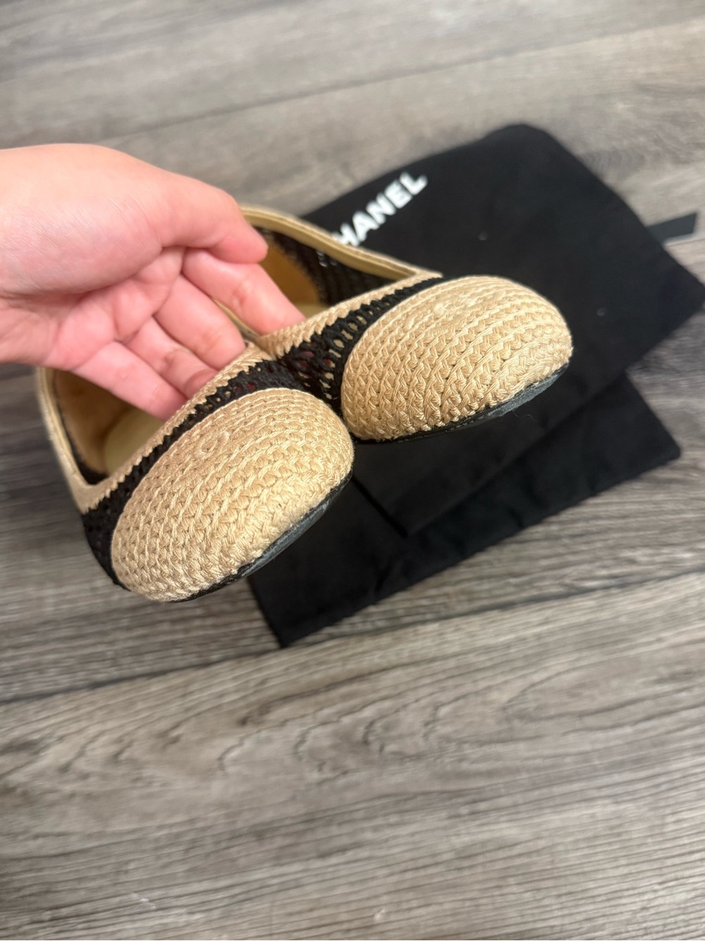 Chanel Beige and Black Raffia Cap Toe Ballet Flat - 36C - Picture 3 of 12